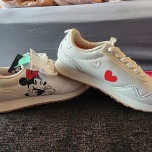 Women’s White Sneakers with Minnie Mouse and Red Heart Accents